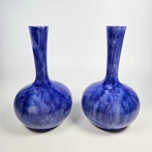 Handmade Bud vase pair Vintage 70s MCM Cobalt Blue Glazed Ceramic Porcelain
